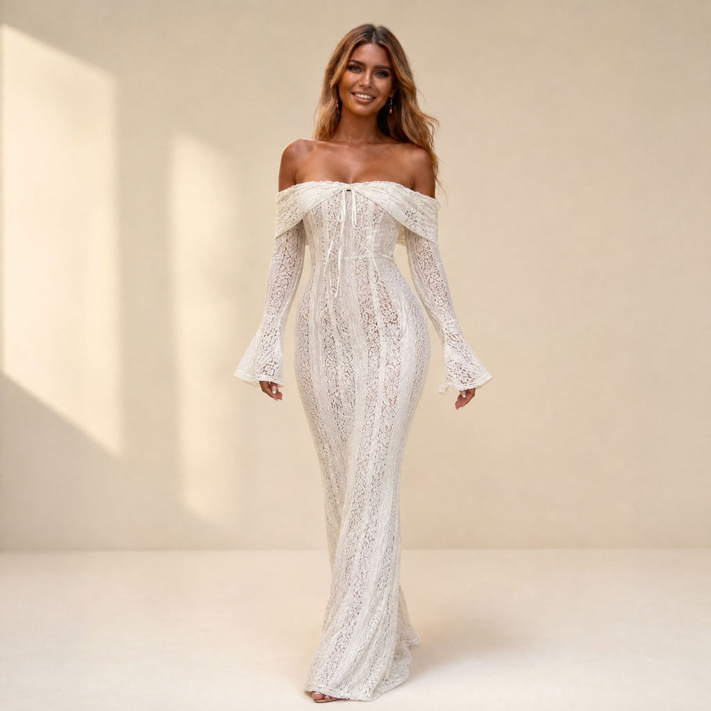 White off-the-shoulder lace gown