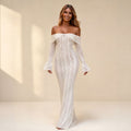 White off-the-shoulder lace gown