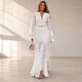 White long-sleeve plunging lace maxi dress